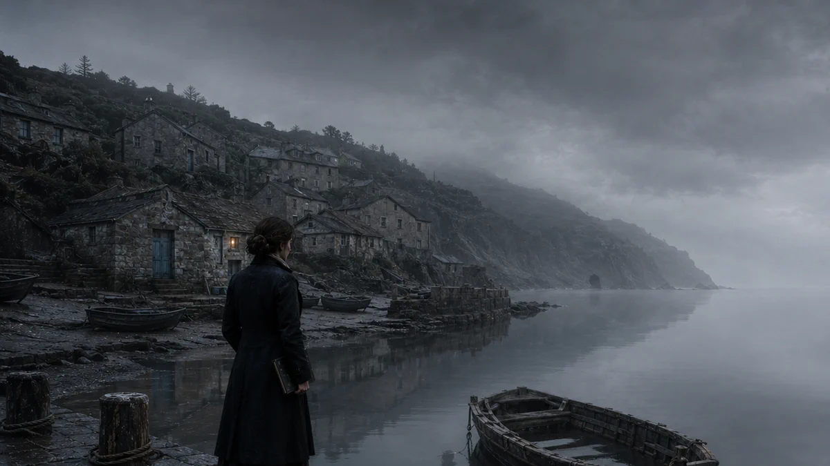 Porto do Silencio entre la niebla; Emilia contempla el puerto y una barca vacía.